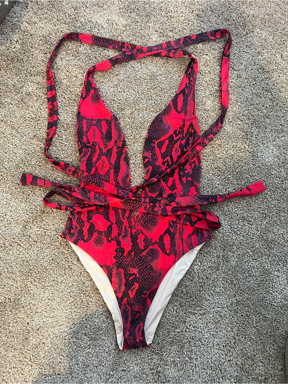 Red Snake-Print & Brown Snake-Print One-Piece Wrap-Front Swimsuits